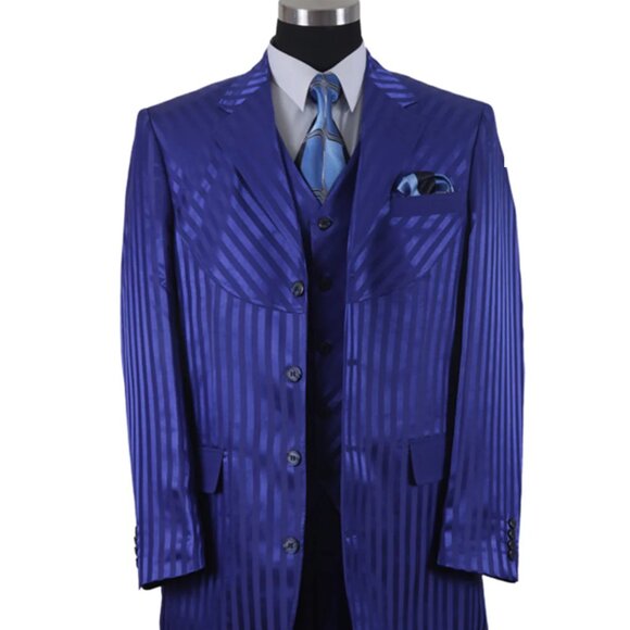 Mens 3 Button Ton on Ton Stripe Fashion Suit in Royal Blue - Picture 1 of 2